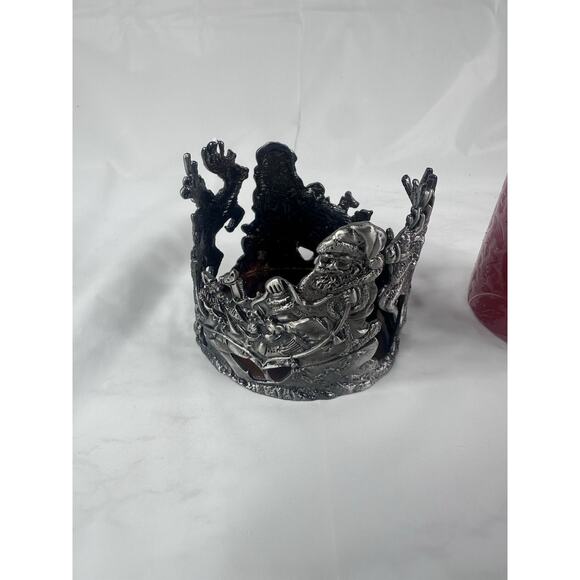 Pewter Santa Reindeer Sleigh Christmas Candle Holder Round Metal 3" Diameter - Picture 5 of 5